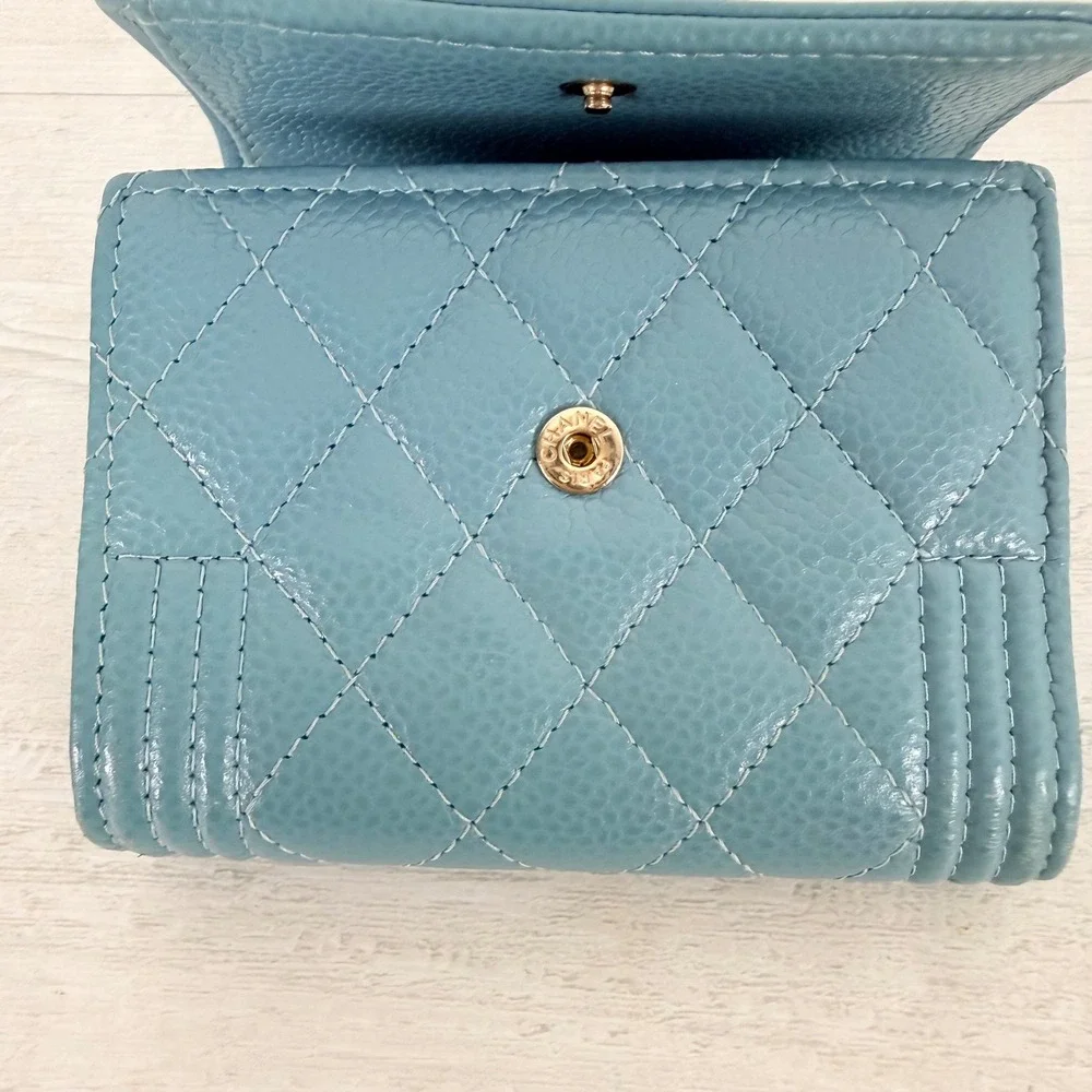 Chanel Boy Flap Wallet Light Blue Caviar Leather Gold Hardware Quilted Authentic